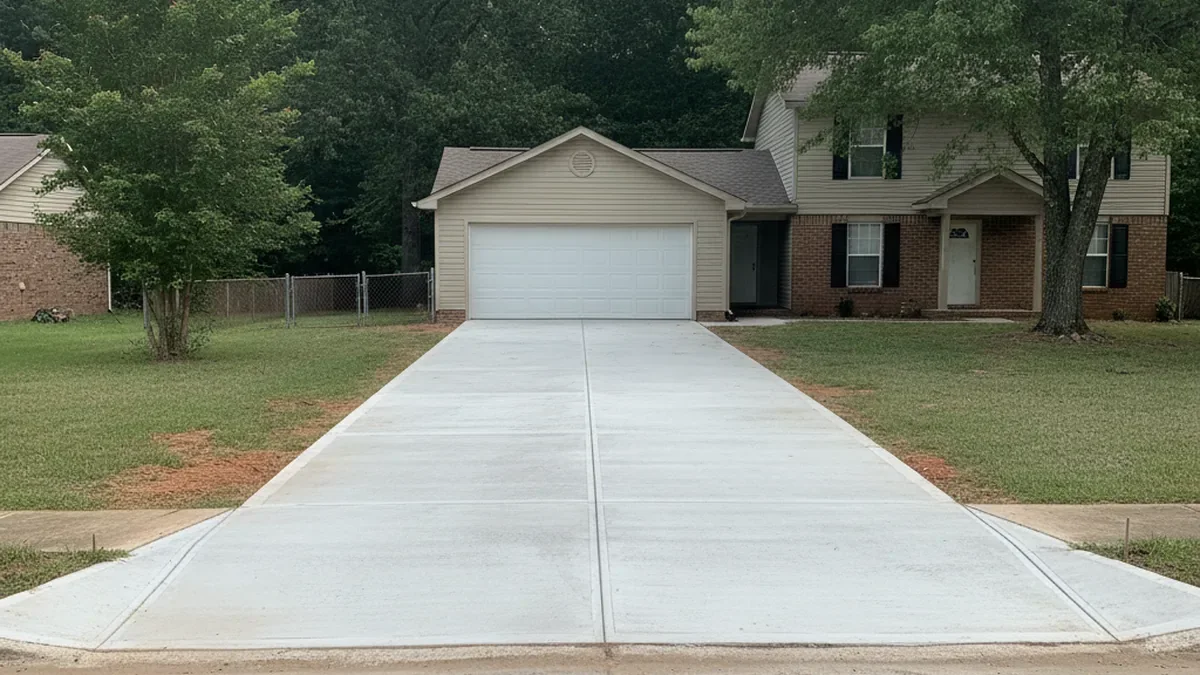 New broom-finished concrete driveway beside a Pearl home
