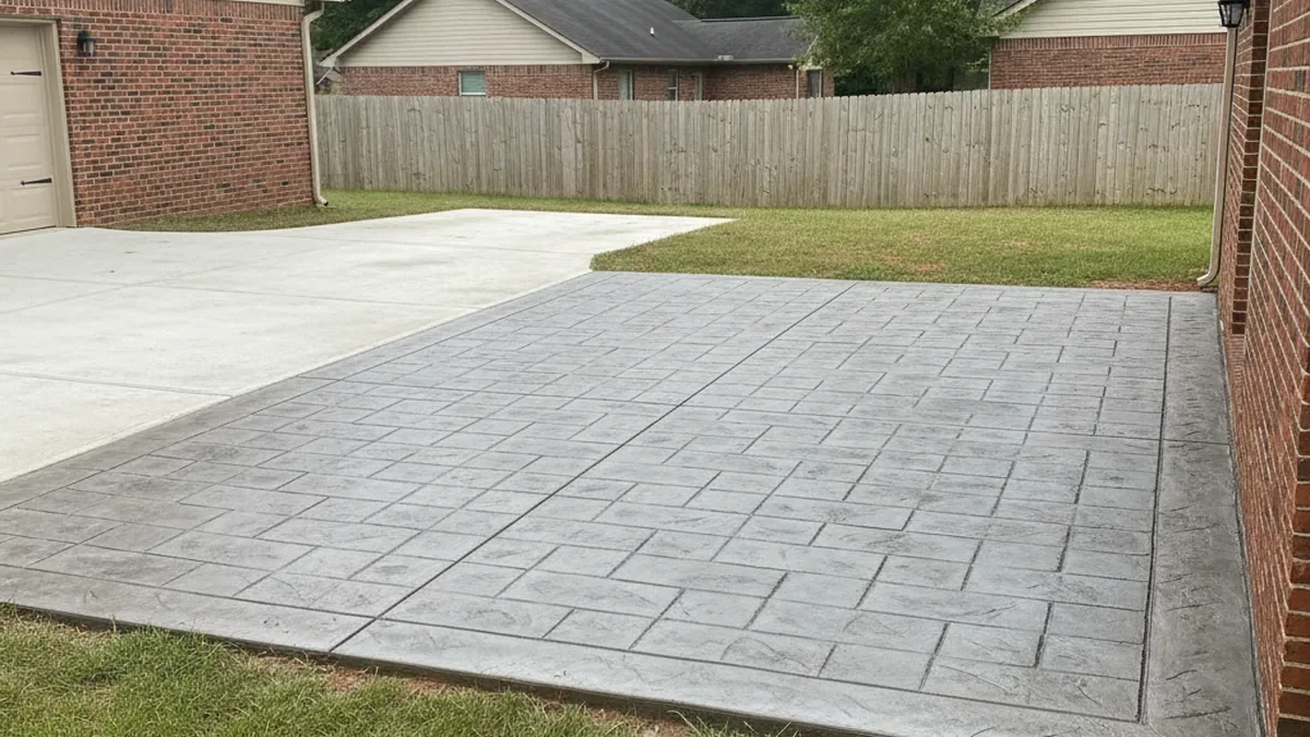 Finished stamped-concrete patio in a Pearl backyard